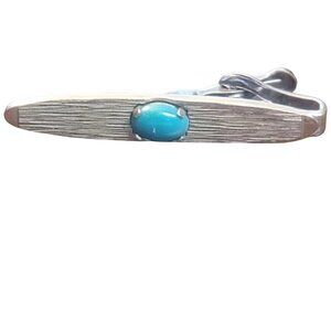 Vintage Swank Silver Tie Clip With Turquoise colored Cabochon Stone Accent